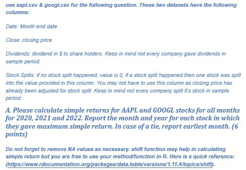 use aapl.cev & googl.cav for the following question. These two datasets