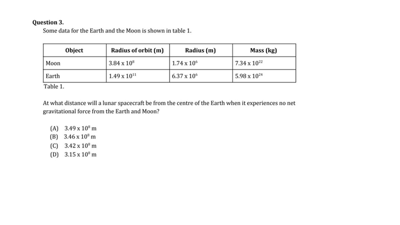 Questiou 3. Some data for the Earth and the Moon is