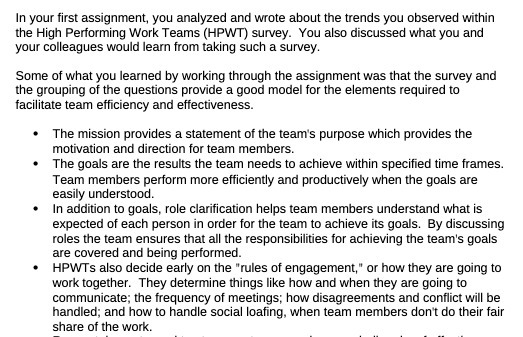 you observed within the High Performing Work Teams (HPWT) survey. You also