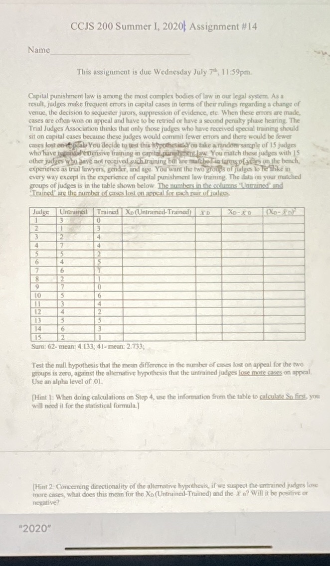  CCJS 200 Summer I, 2020 Assignment #14 Name This assignment is