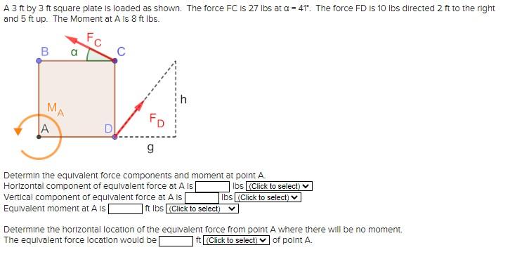 shown. The force FC Is 27 lbs at a = 41. The