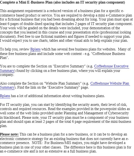 component) This assignment requirement is a reduced version of a business plan