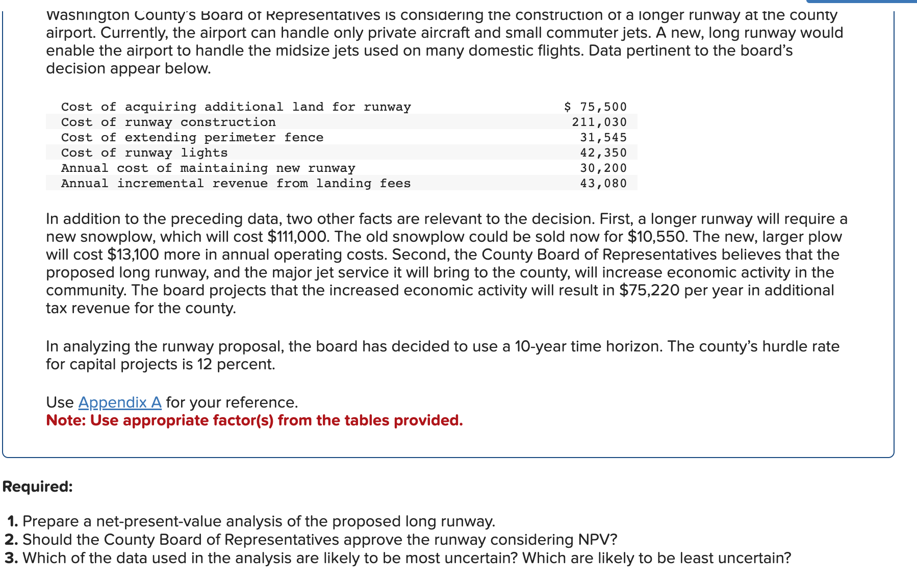 for runway $ 75,500 Cost of runway construction 211,030 Cost of extending