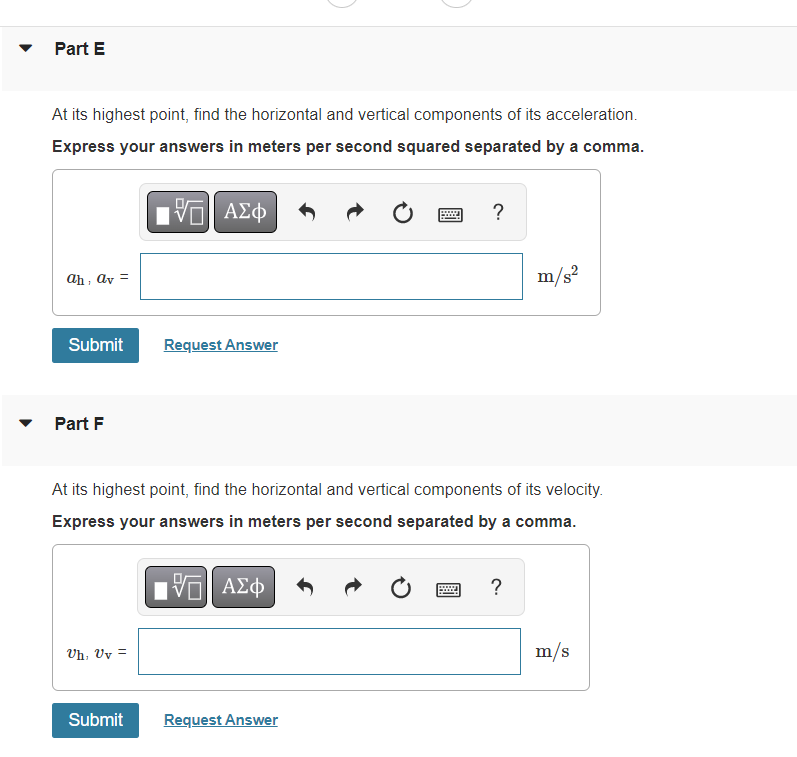 shell's initial velocity. Express your answers in meters per second separated by