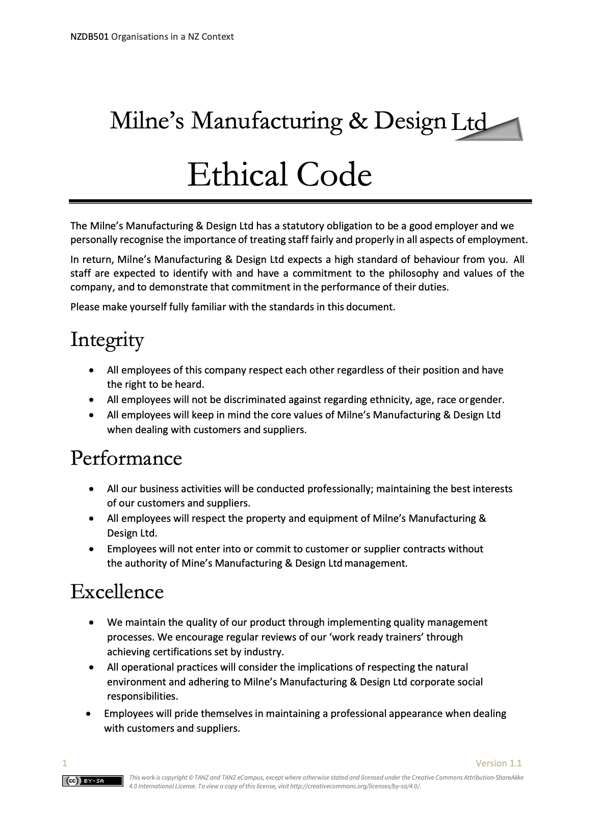 of the business (integrity, performance, excellence and accountability), incorporating NZ values (Treaty