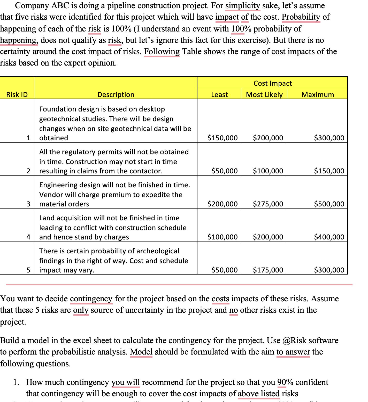 Company ABC is doing a pipeline construction project. For simplicity sake,