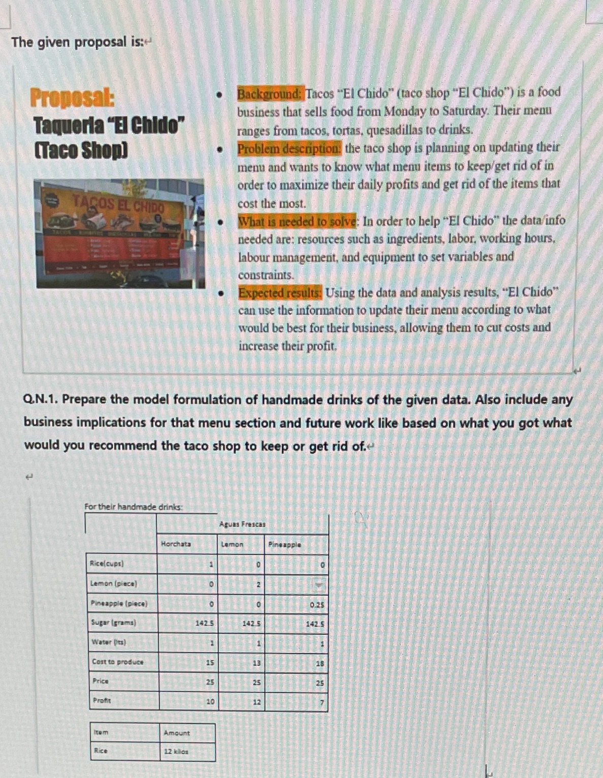 Q.5 The given proposal is: Proposal: Background: Tacos "El Chido" (taco shop