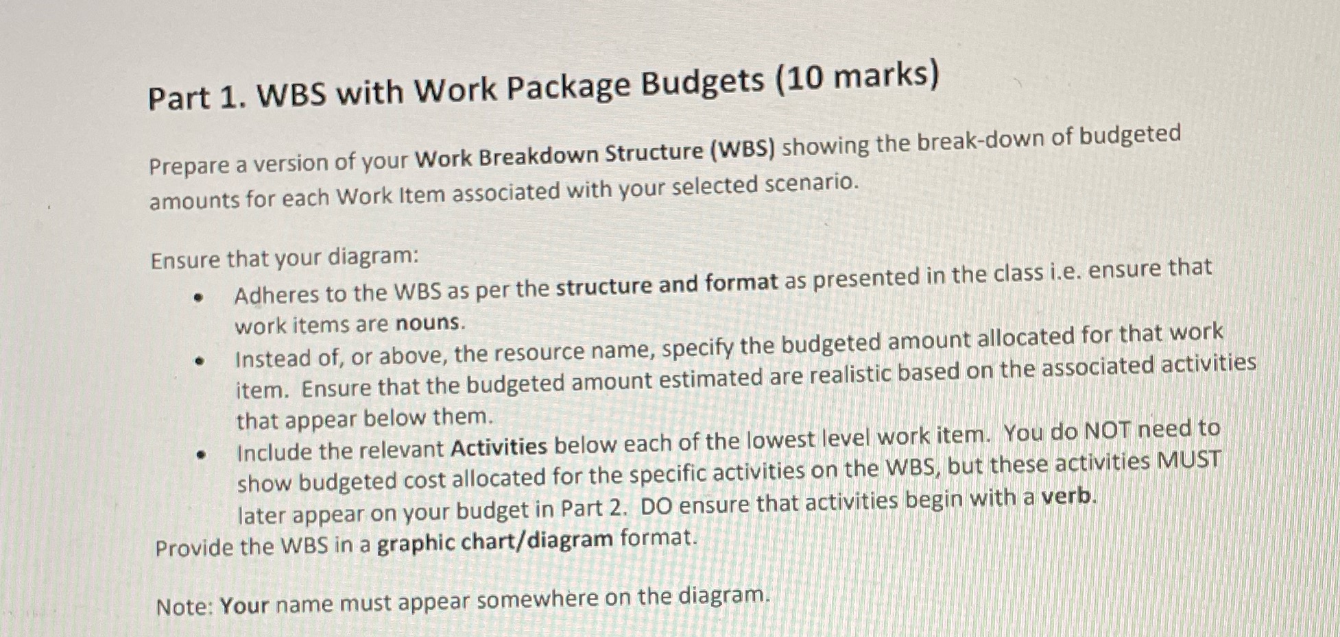 Part 1. WBS with Work Package Budgets (10 marks) Prepare a