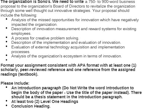 The organization is Sono's. We need to write a 750- to
