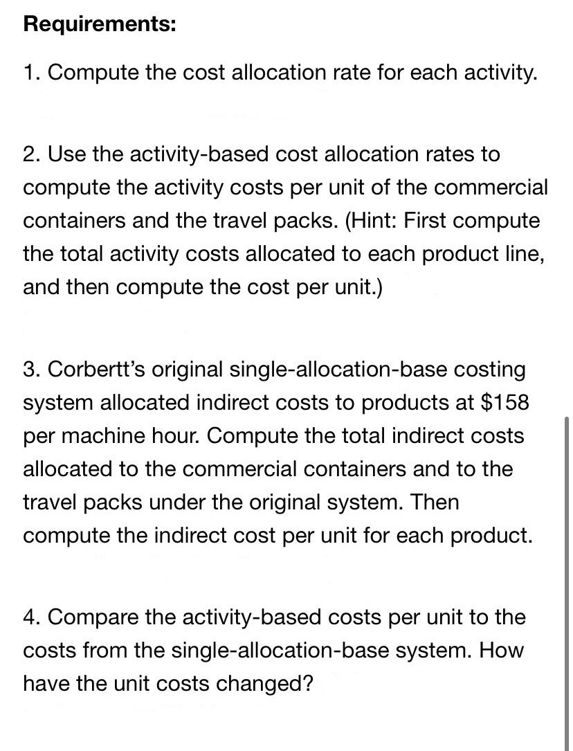 Requirements: 1. Compute the cost allocation rate for each activity. 2.