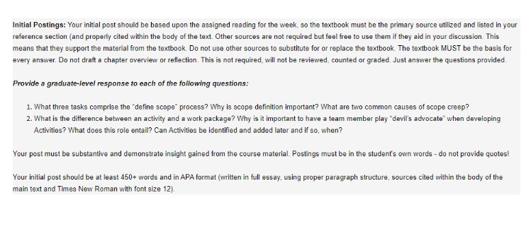 Initial Postings: Your initial post should be based upon the assigned