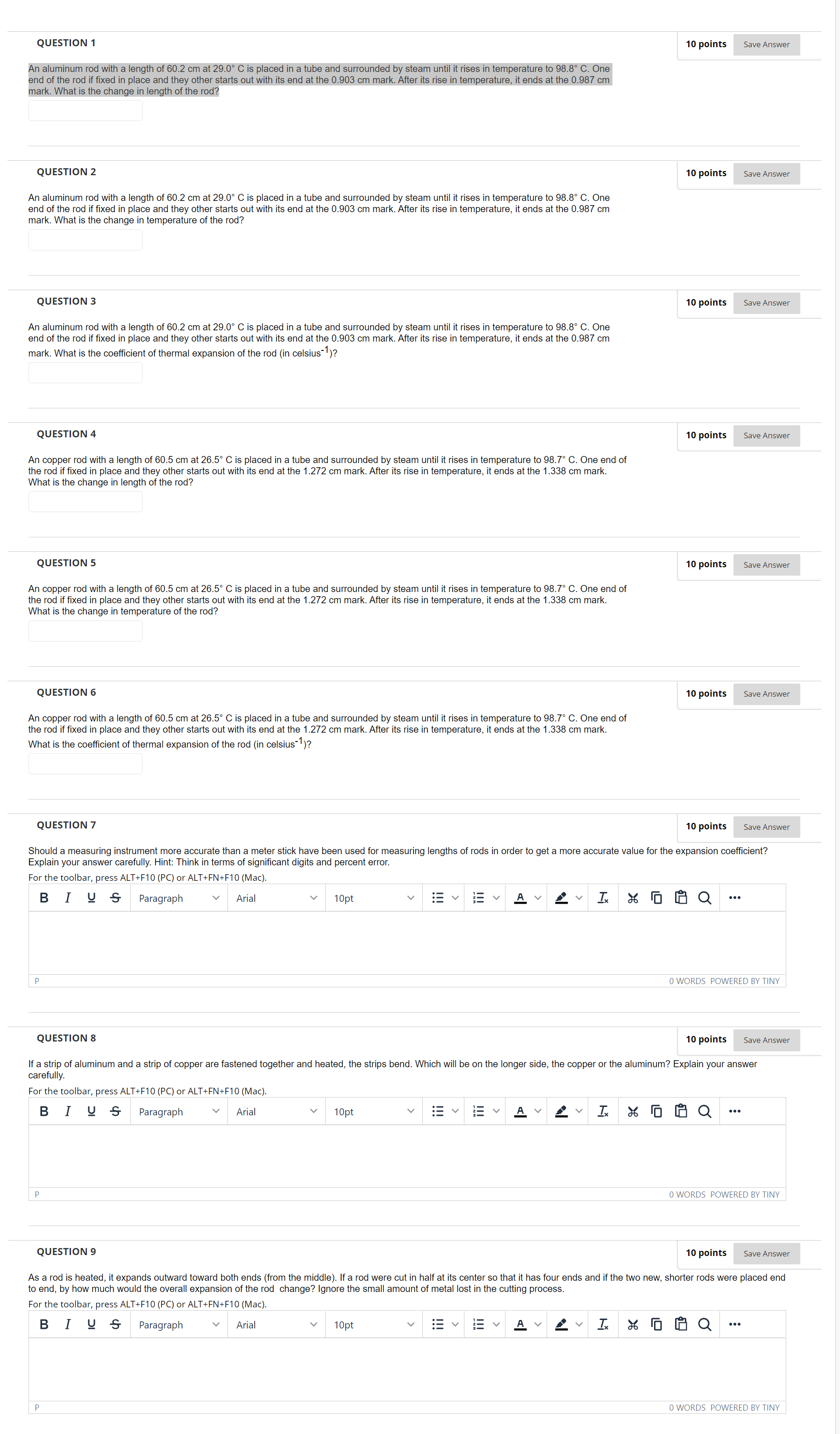 QUESTION 1 10 points Save Answer An aluminum rod with a