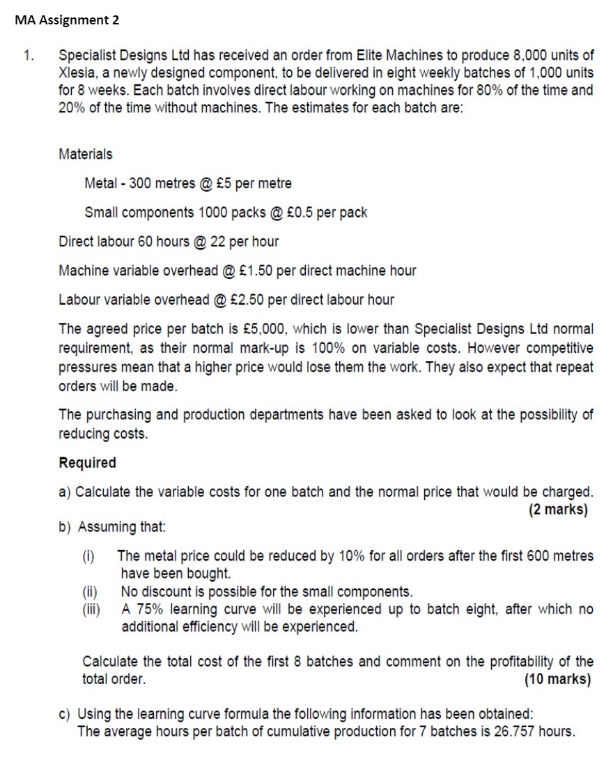 MA Assignment 2 1. Specialist Designs Ltd has received an order