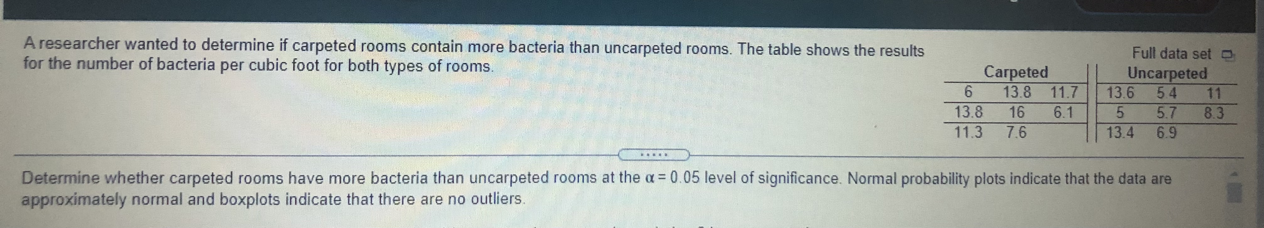 of significance to conclude that carpeted rooms have more bacteria than uncarpeted