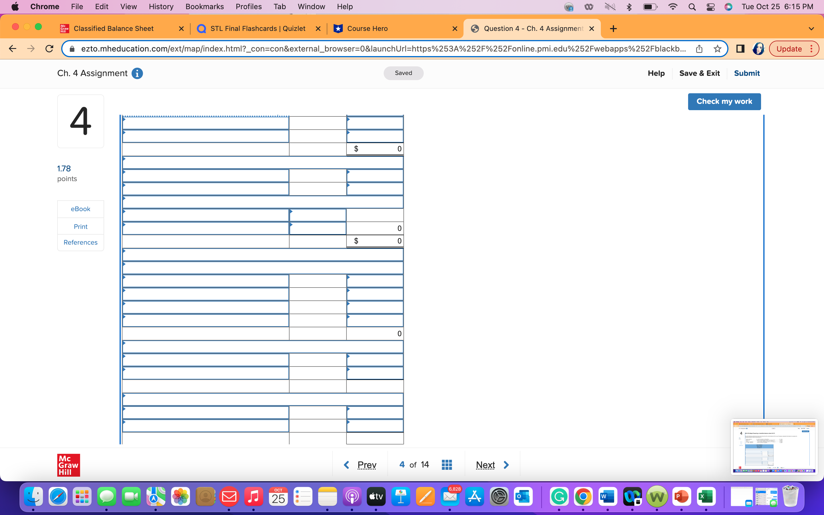 O Tue Oct 25 6:15 PM O O Classified Balance Sheet X