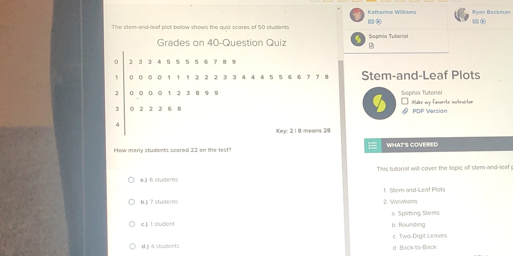 Katherine Williams Ryan Backman The stem-and-leaf plot below shows the quiz