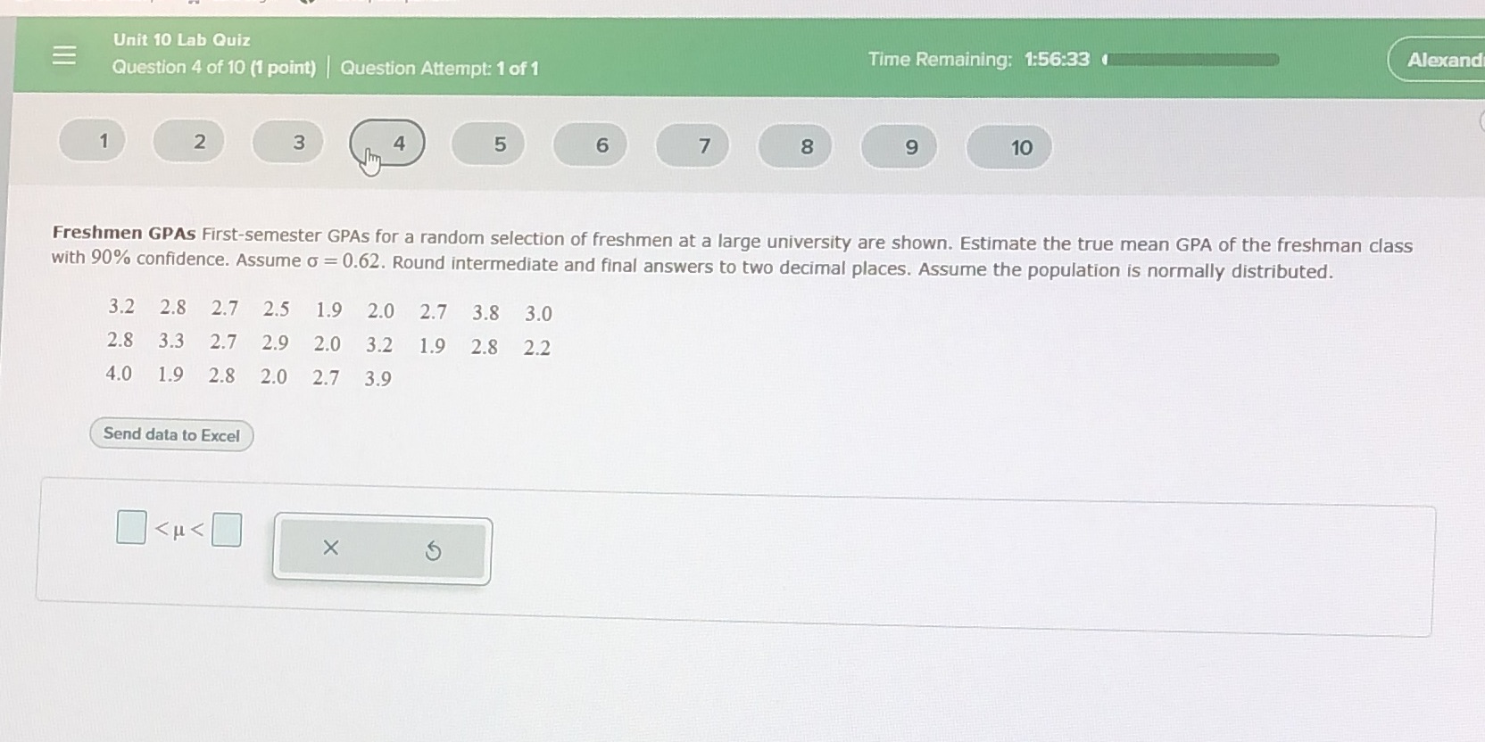  Unit 10 Lab Quiz Time Remaining: 1:56:33 ( Alexand E Question