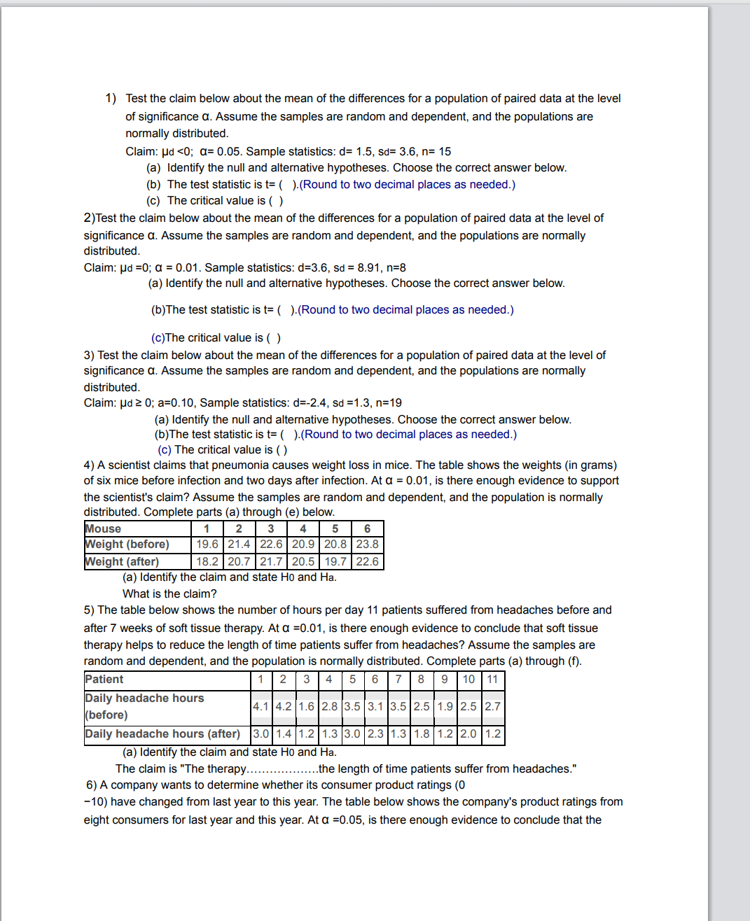 the differences for a population of paired data at the level of