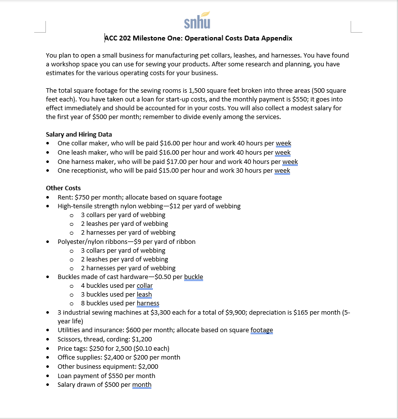  \fJ snhu lilCC 202 Milestone One: Operational Cost: Data Appendix You