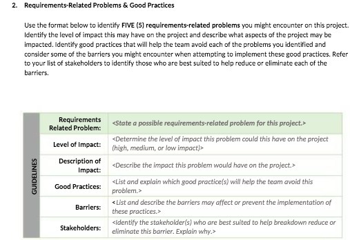 identify FIVE (5) requirements-related problems you might encounter on this project. Identify
