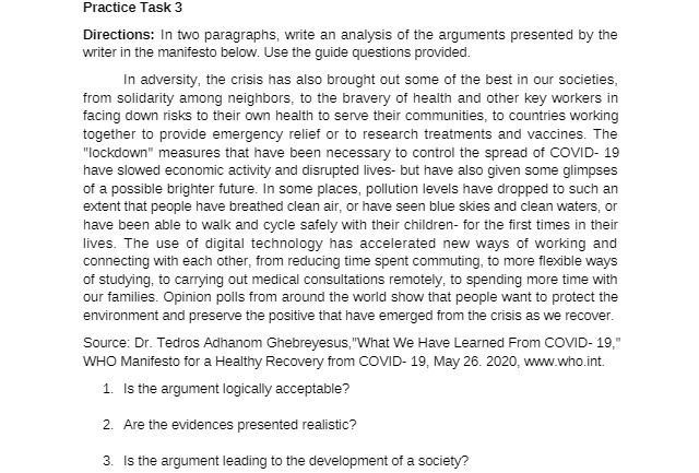 the arguments presented by the writer in the manifesto below. Use the