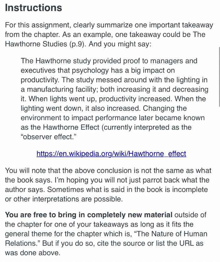  Instructions For this assignment, clearly summarize one important takeaway from the