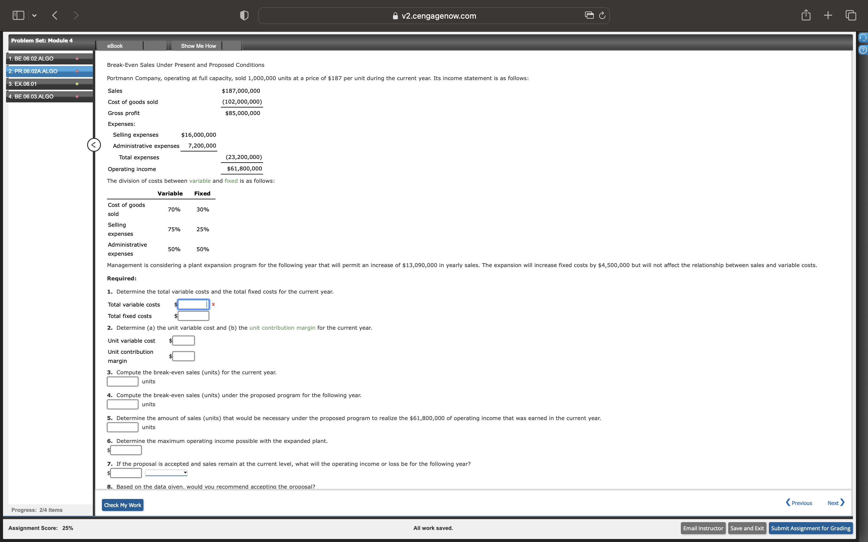 a v2.cengagenow.com Problem Set: Module 4 1. BE.06.02.ALGO 2. PR.06.02A.ALGO 3. EX.06.01
