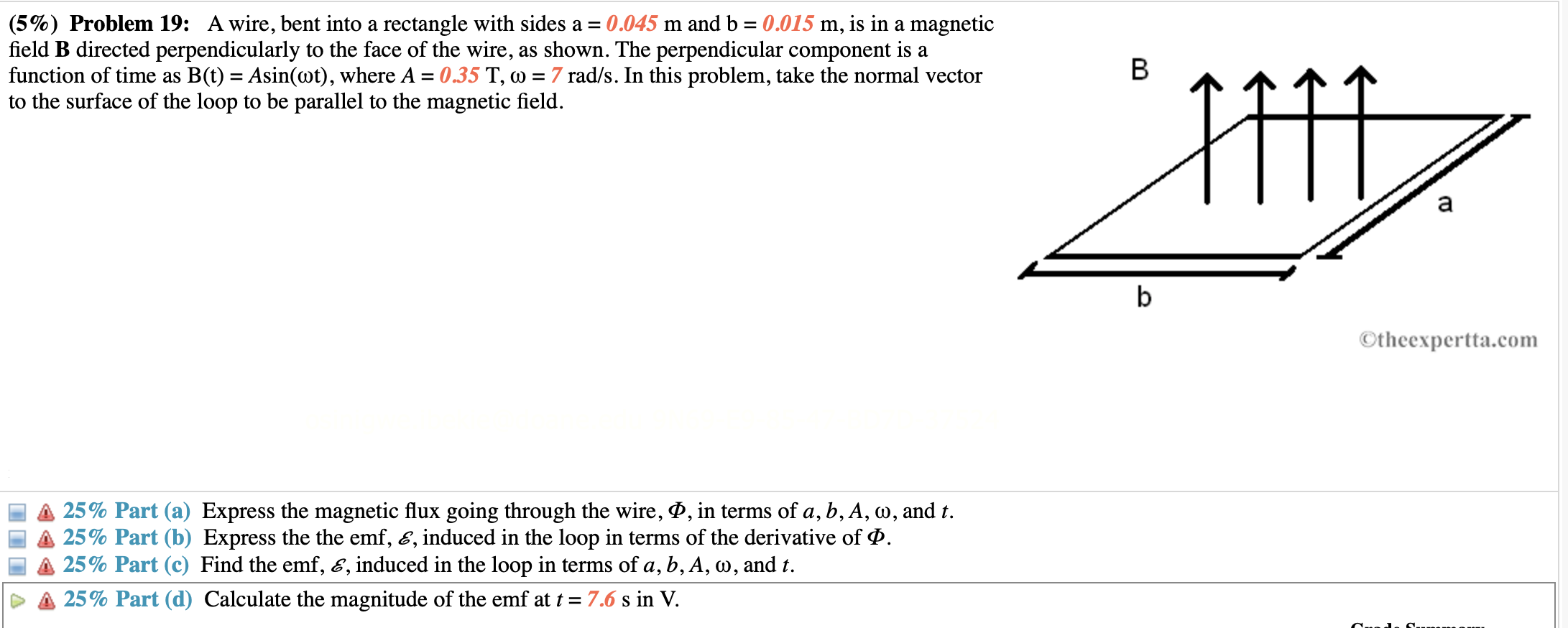 the magnetic ux AB , in webers, through one of the loops