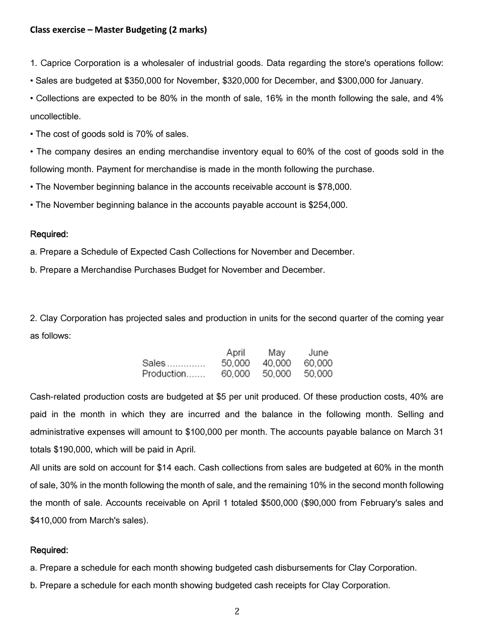 Master Budgeting {2 marks) 1. Caprice Corporation is a wholesaler of indusbial