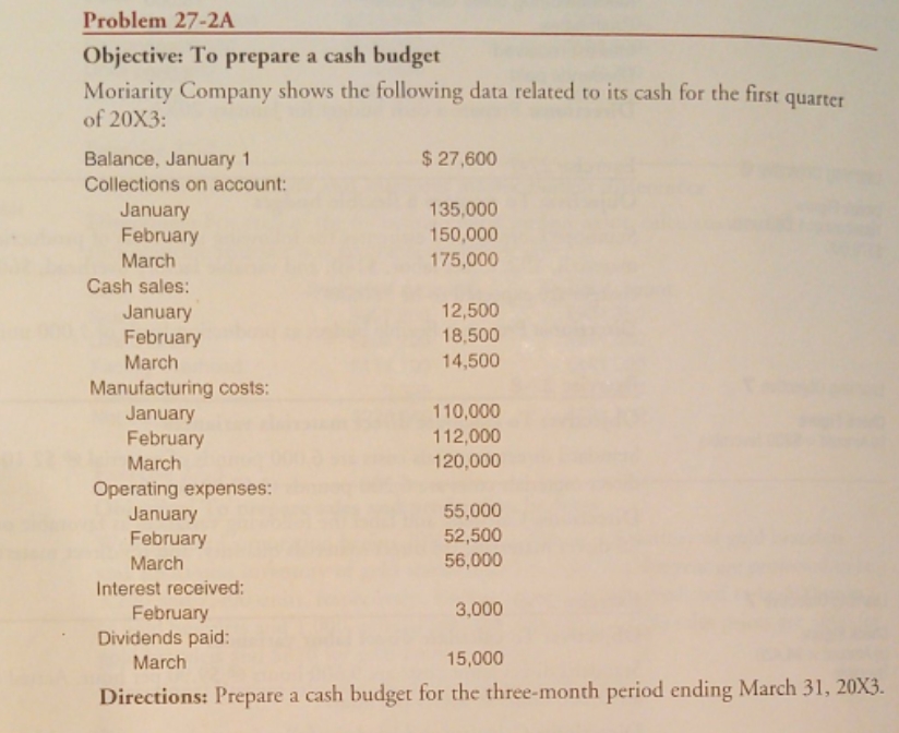 Thank you for your help! Problem 27-2A Objective: To prepare a cash