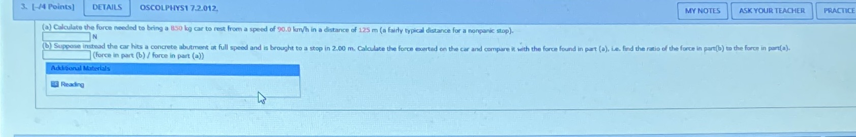  3. [-/4 Points] DETAILS OSCOLPHYS1 7.2.012. MY NOTES ASK YOUR TEACHER