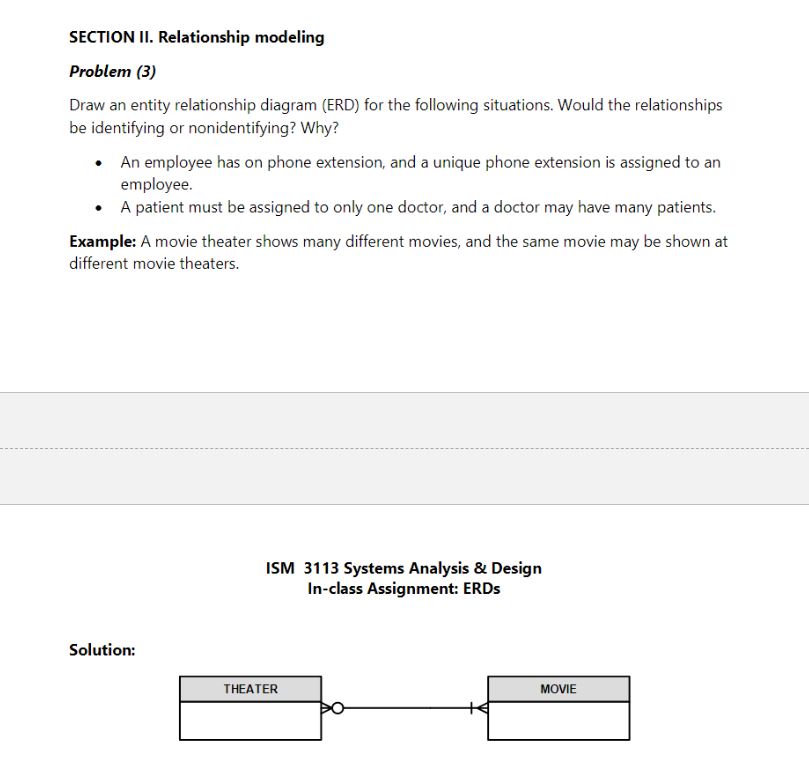 SECTION II. Relationship modeling Problem (3} Draw an entity relationship diagram