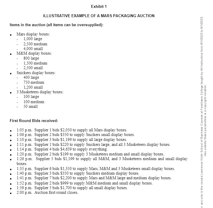  Exhibit 1 ILLUSTRATIVE EXAMPLE OF A MARS PACKAGING AUCTION Items in