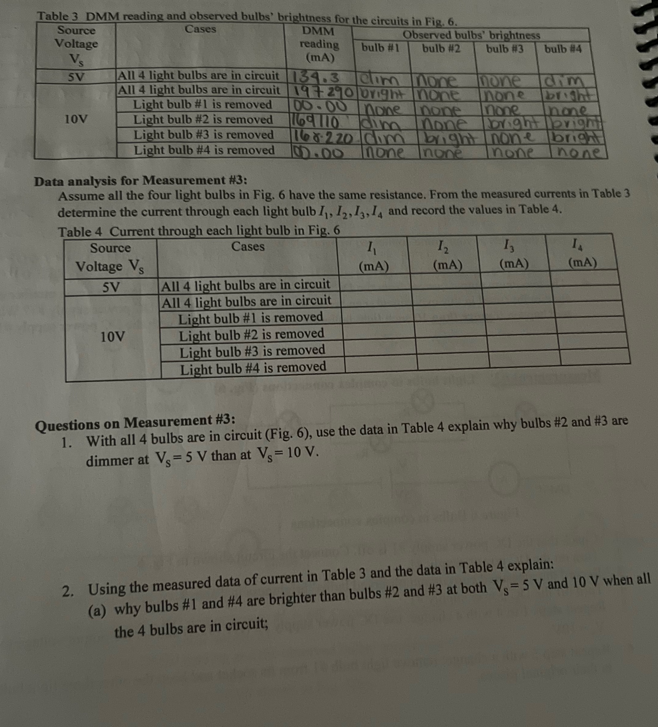 Table 3 DMM reading and observed bulbs' brightness for the circuits