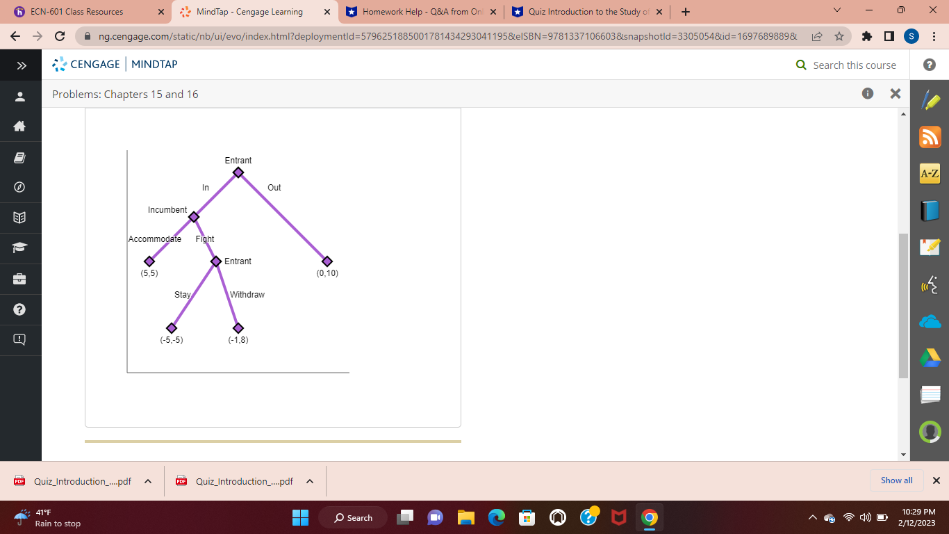 If the entrant does not enter ("Out"), the incumbent firm earns a