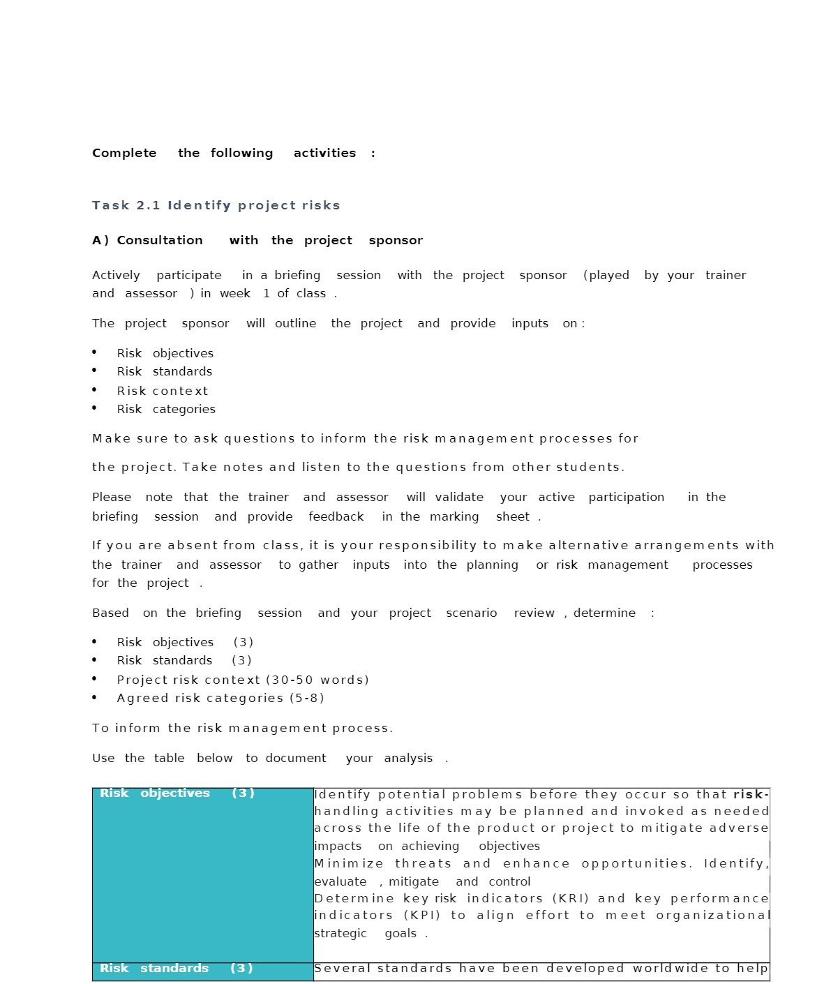  Complete the following activities Task 2.1 Identify project risks A) Consultation