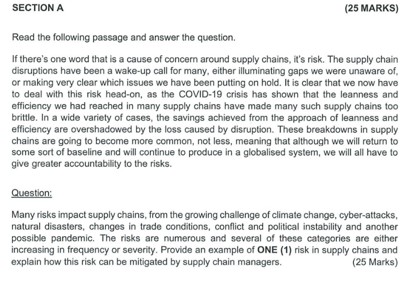 advance logistics management SECTION A. [25 MARKS} Read the following passage and