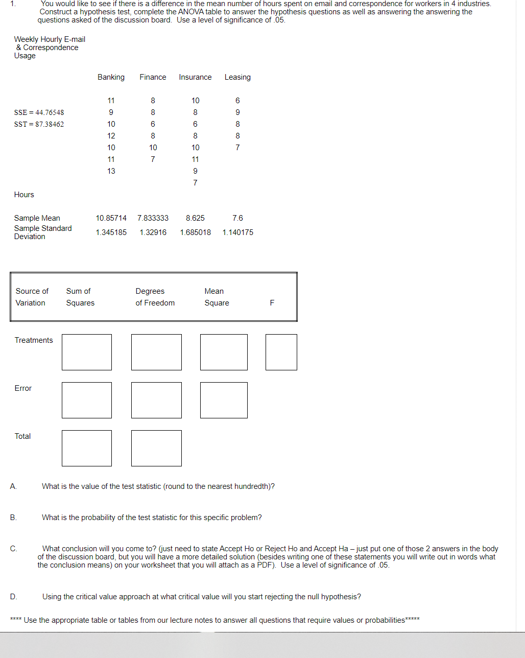 Anova hypothesis testing. Please see the attached image for the question problem.