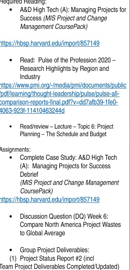 Project and Change Management CoursePack) https://hbsp.harvard.edu/import/857149 Read: Pulse of the Profession 2020-