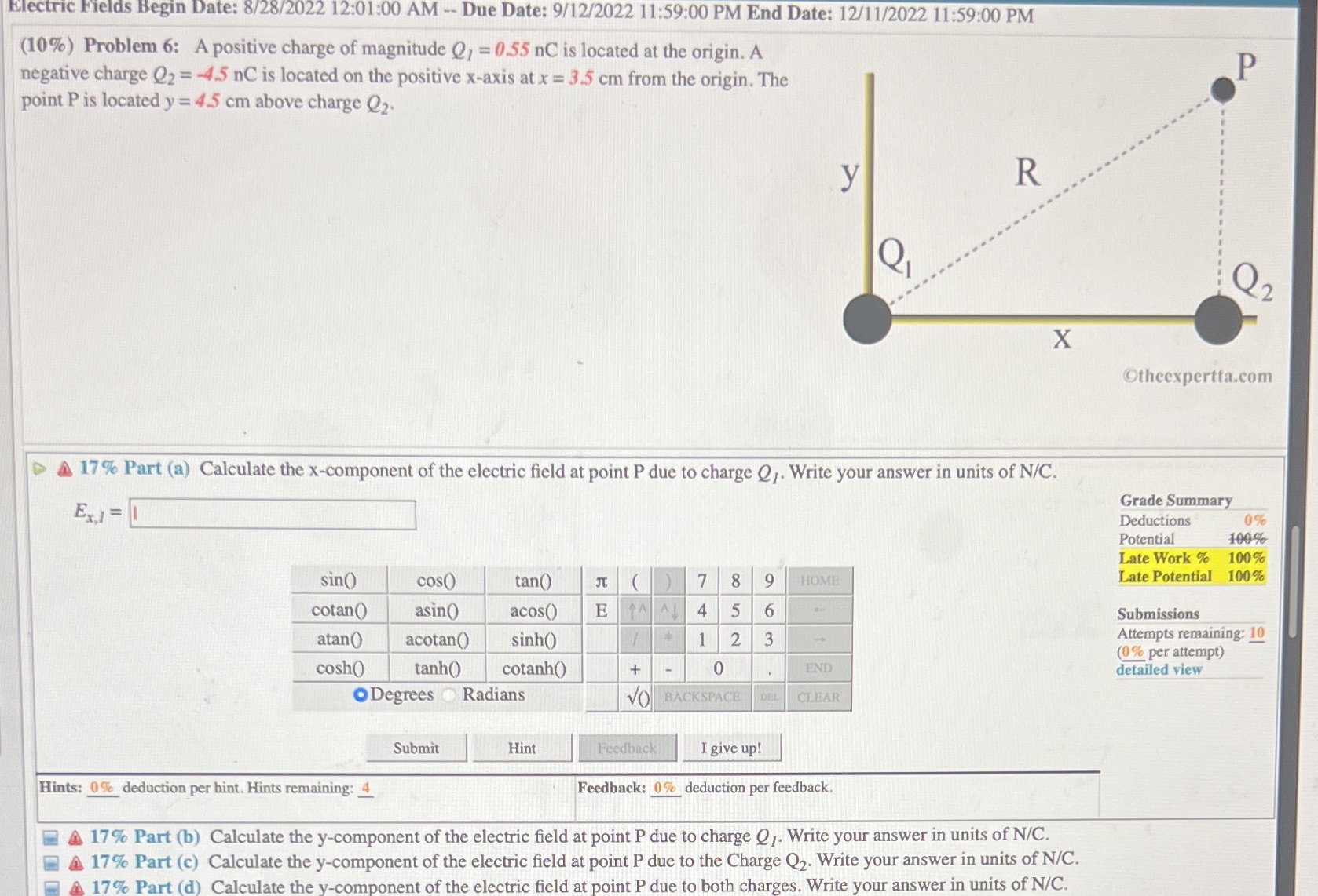 Electric Fields Begin Date: 8/28/2022 12:01:00 AM -- Due Date: 9/12/2022