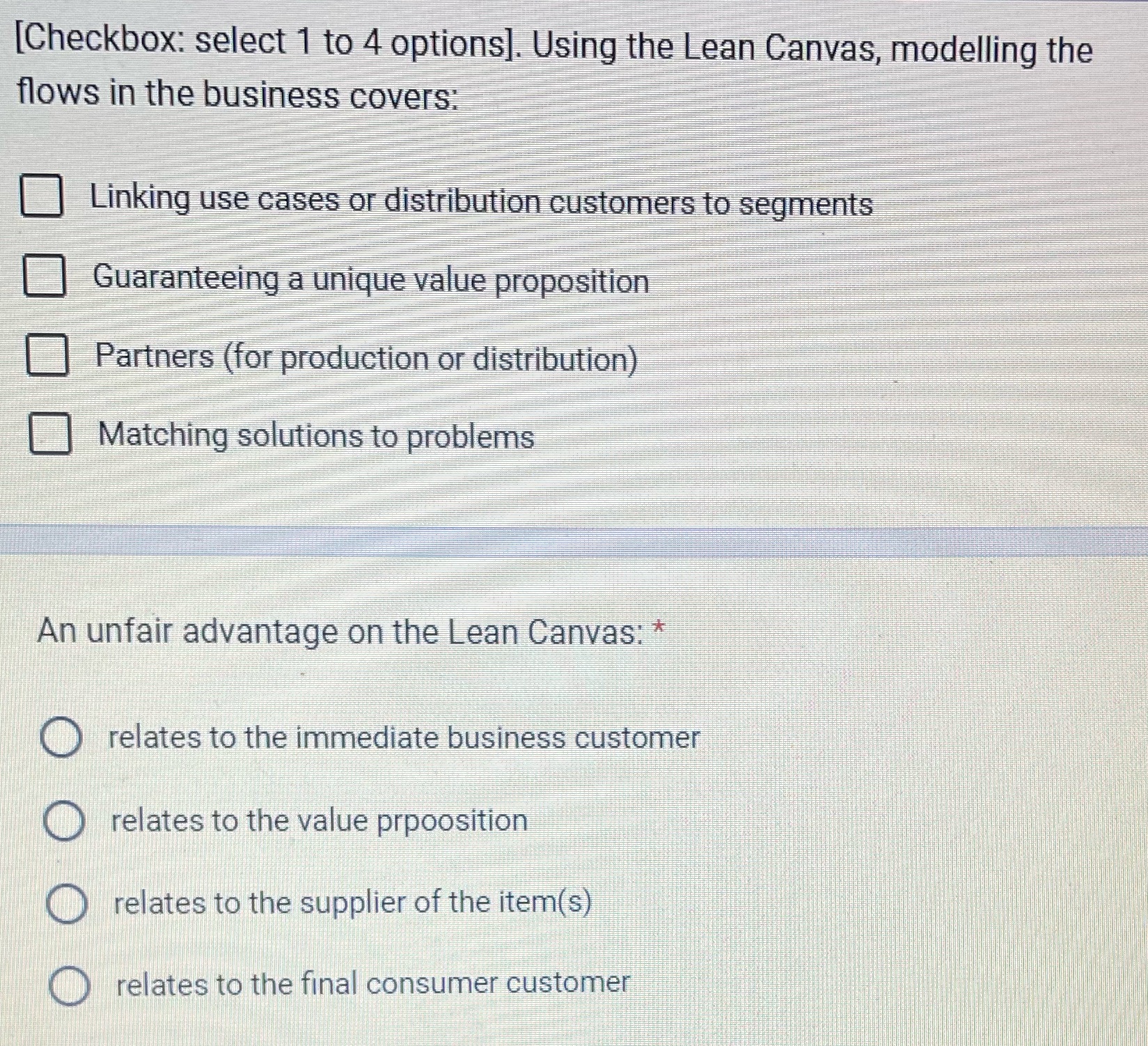  [Checkbox: select 1 to 4 options]. Using the Lean Canvas, modelling