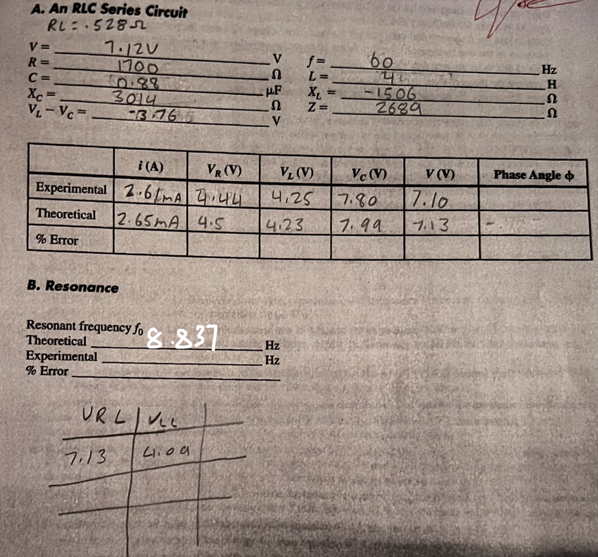 Need help to calculate the theoretical and %error and phase angle A.
