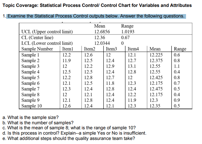 hi please help me with this thanks Topic Coverage: Statistical Process Control/