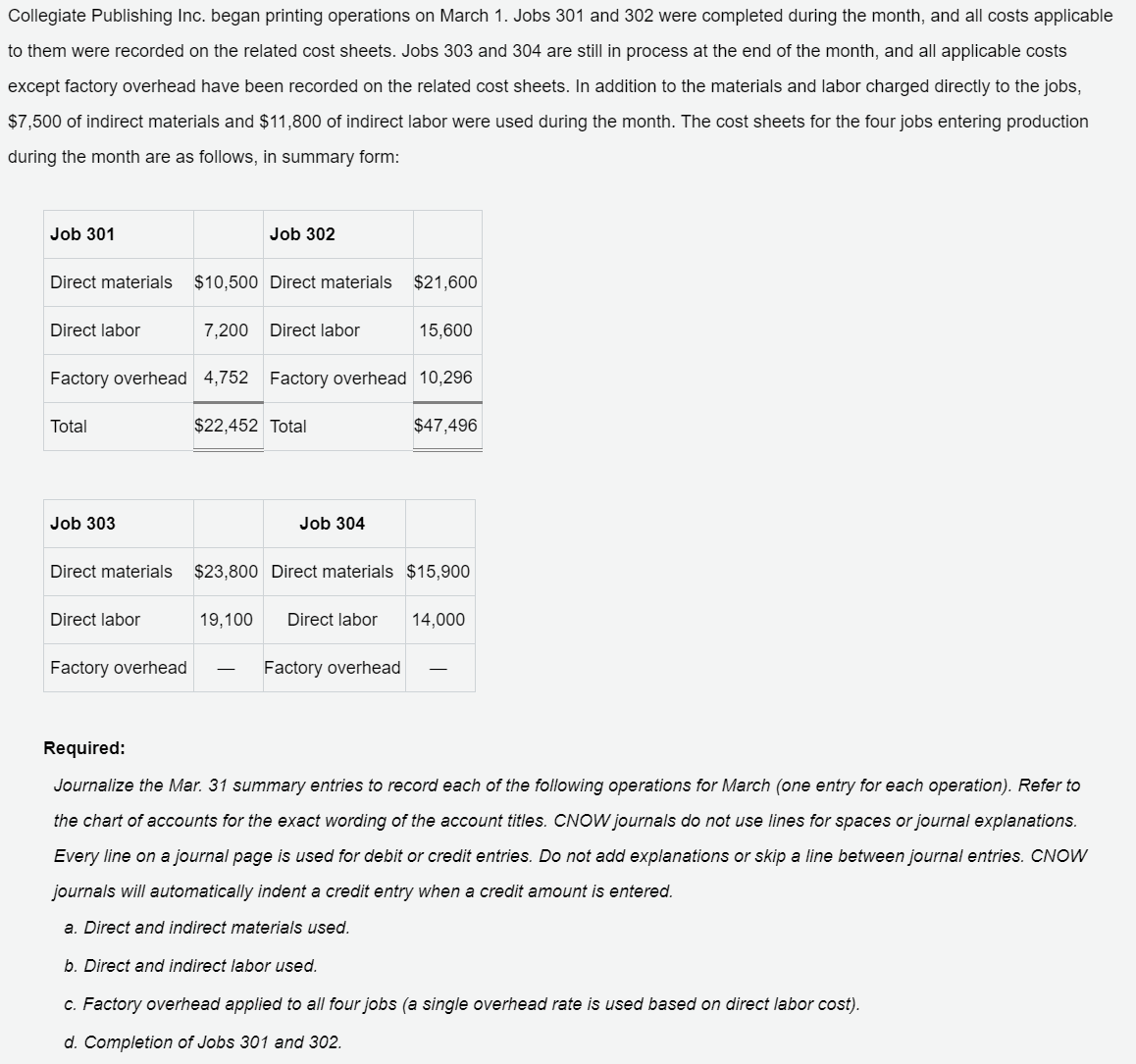 operations on March 1. Jobs 301 and 302 were completed during the