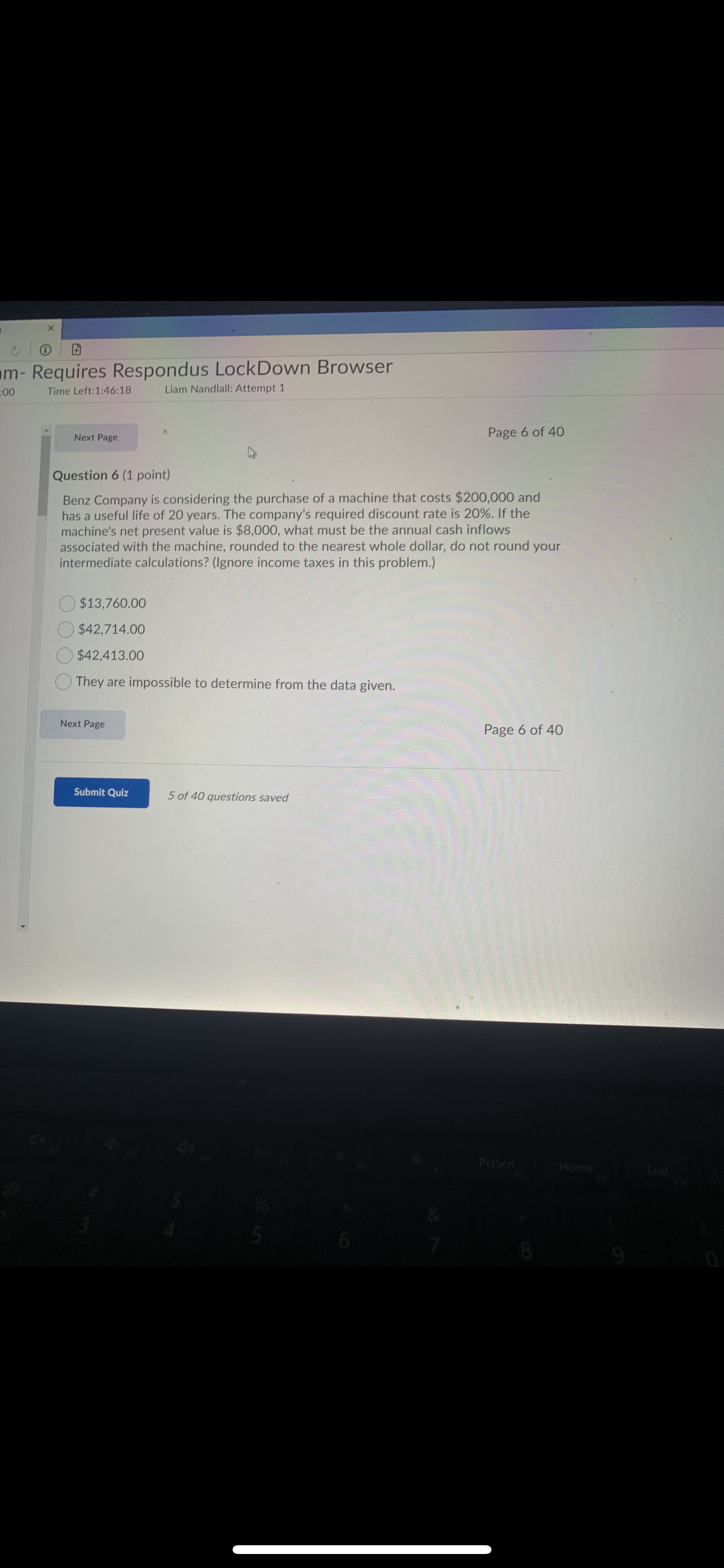  m- Requires Respondus LockDown Browser 00 Time Left: 1:46:18 Liam Nandlall: