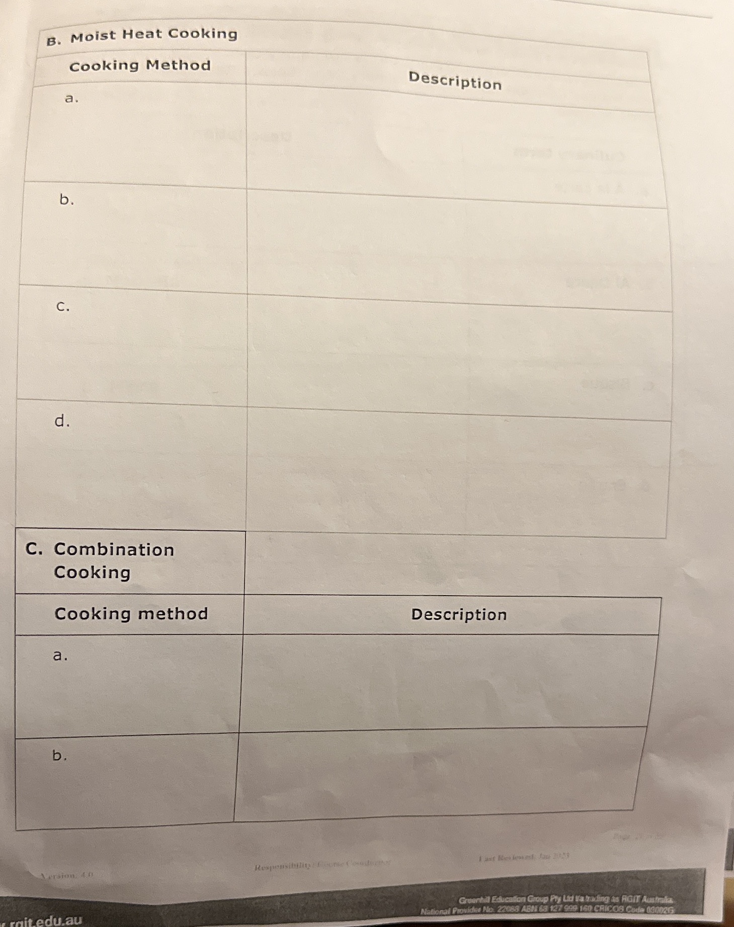 Complete the table about cooking methodsidentify and give description of each method
