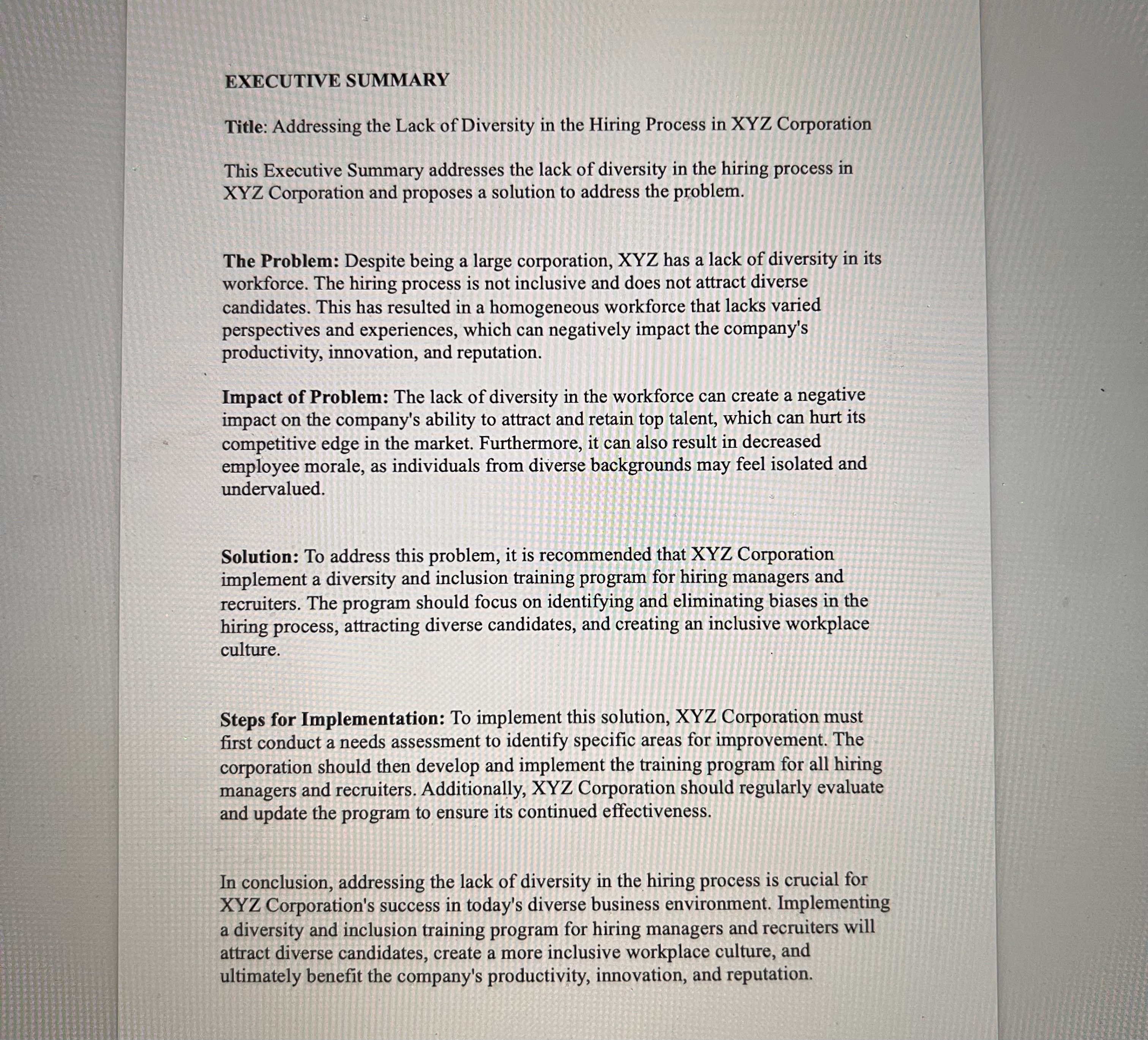 I have an assignment which is called an Draft Executive Summary. I