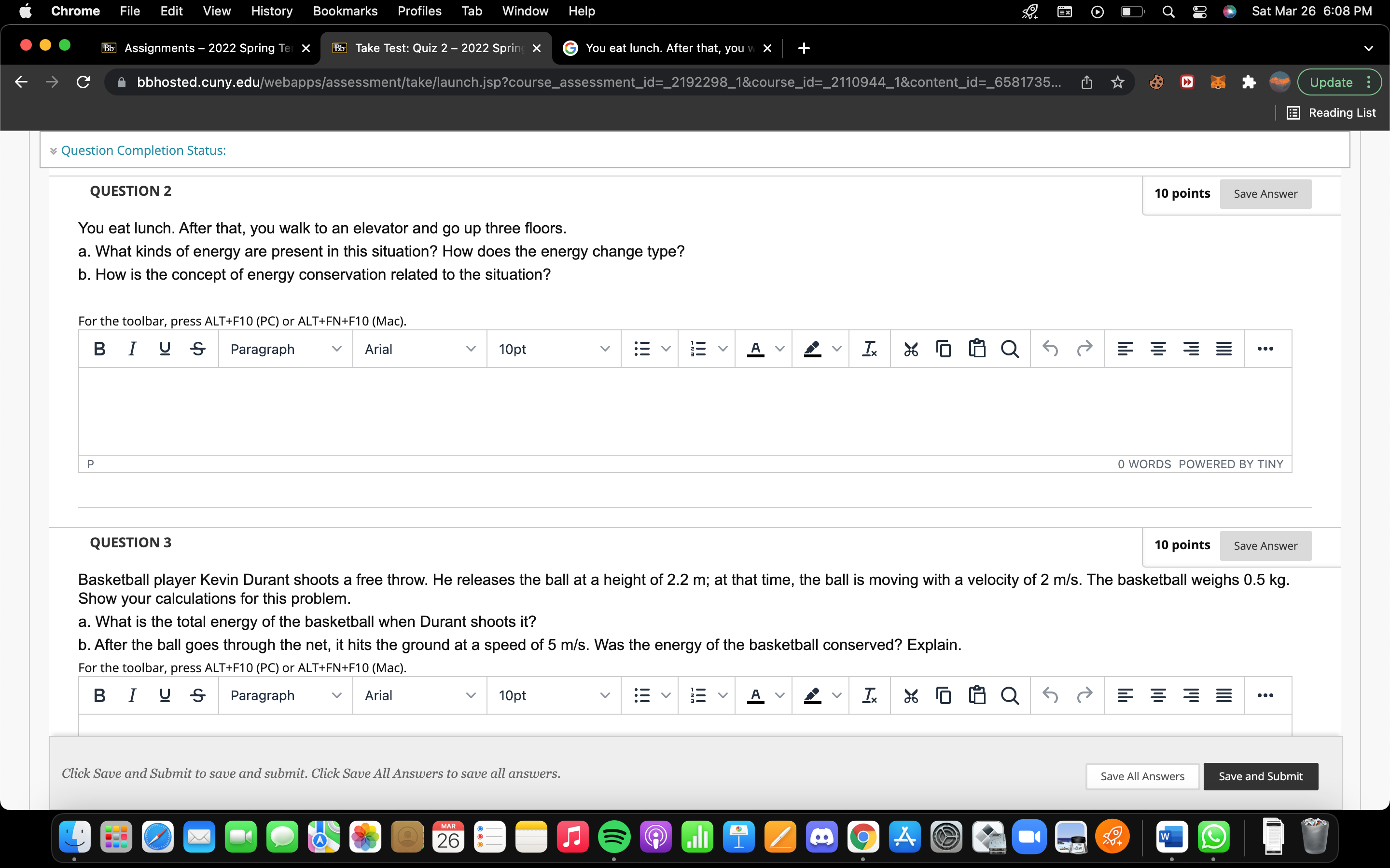 Bb Take Test: Quiz 2 - 2022 Spring X G You eat