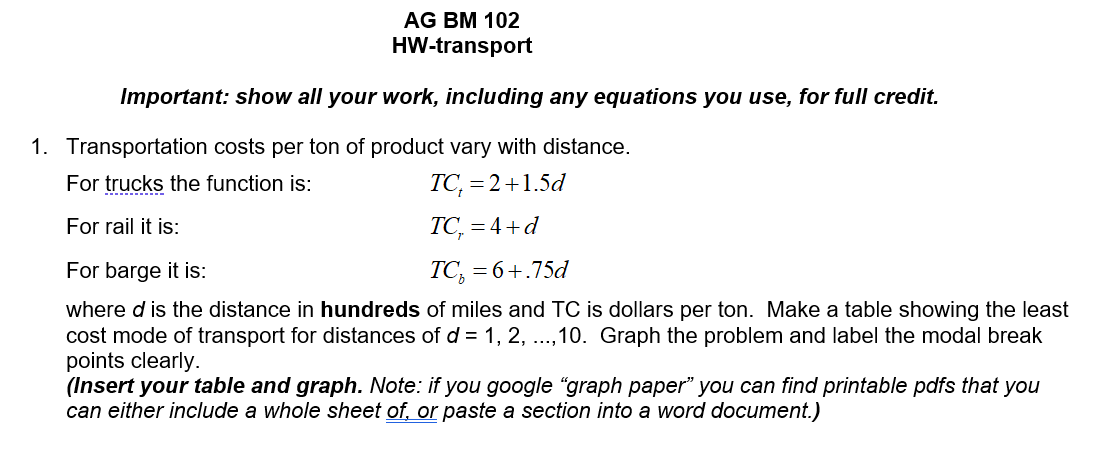 AG BM 102 HW-transport Important: show all your work, including any
