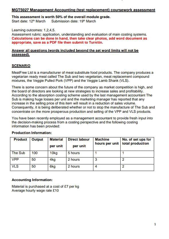 labour (The Sub only) 1,500 Production set up 2,000 Electricity 4,500 Marketing